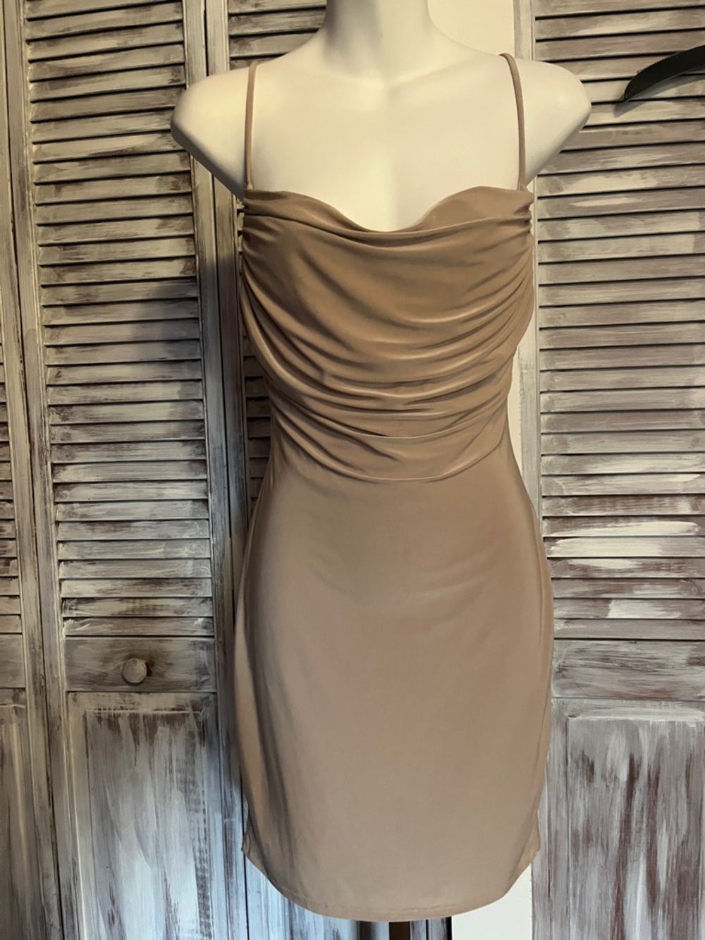 Draped Cowl Neck Mini Dress in Beige (S/M) stretchy and really soft